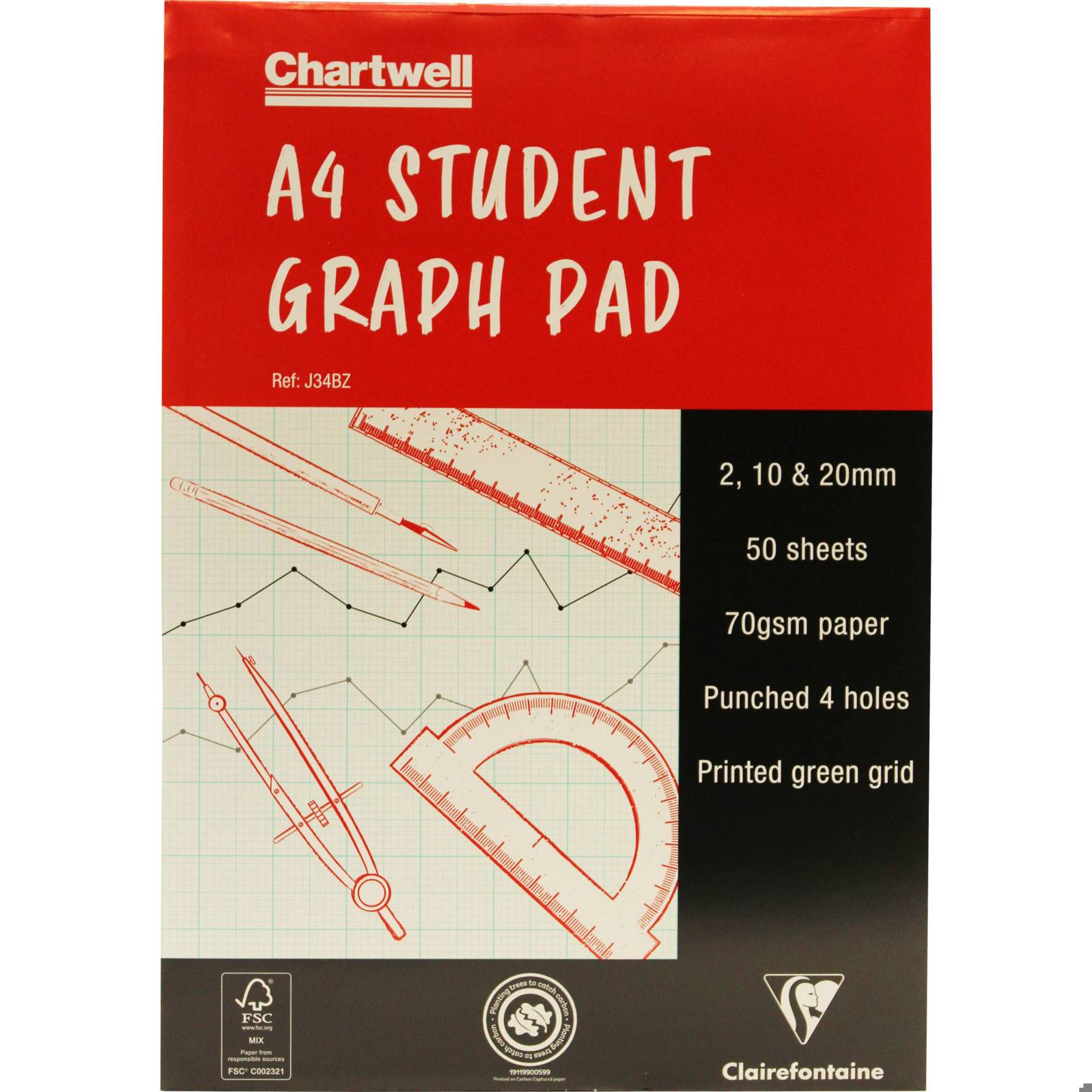 Clairefontaine - J34BZ (Technisches Zeichen) 10x Pack, 50 Blatt Millimeterpapier A4 2,10 ,20mm